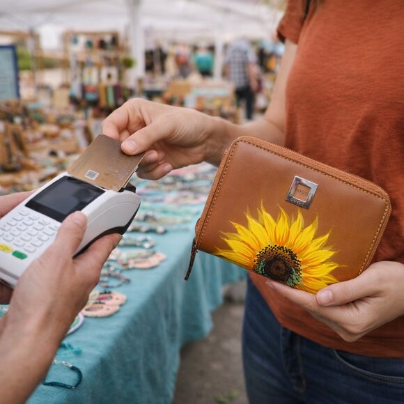 Hand Painted Brown Sunflower Wallet Coin Purse Key Ring